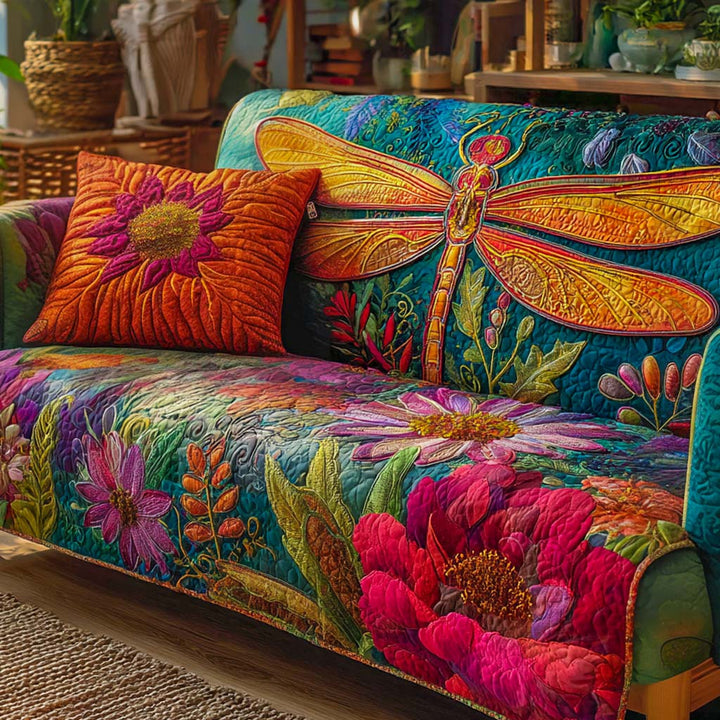 Bunte Libelle Blüten Sofaüberwurf