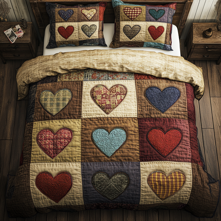 Herzen Blüten Patchwork 3-teiliges Bettwäsche-Set