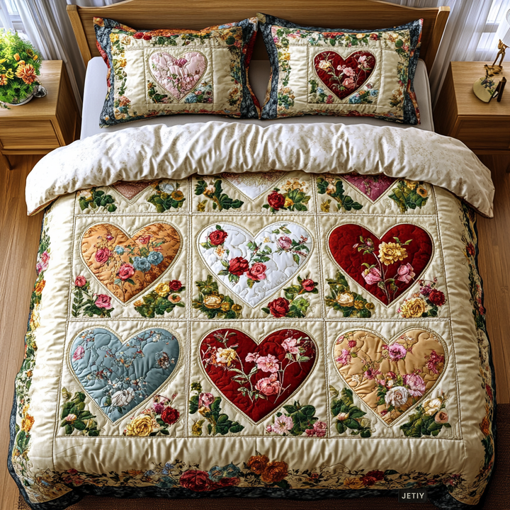 Herzen Blüten Patchwork 3-teiliges Bettwäsche-Set