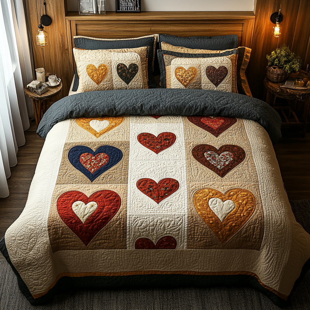 Herzen Blüten Patchwork 3-teiliges Bettwäsche-Set
